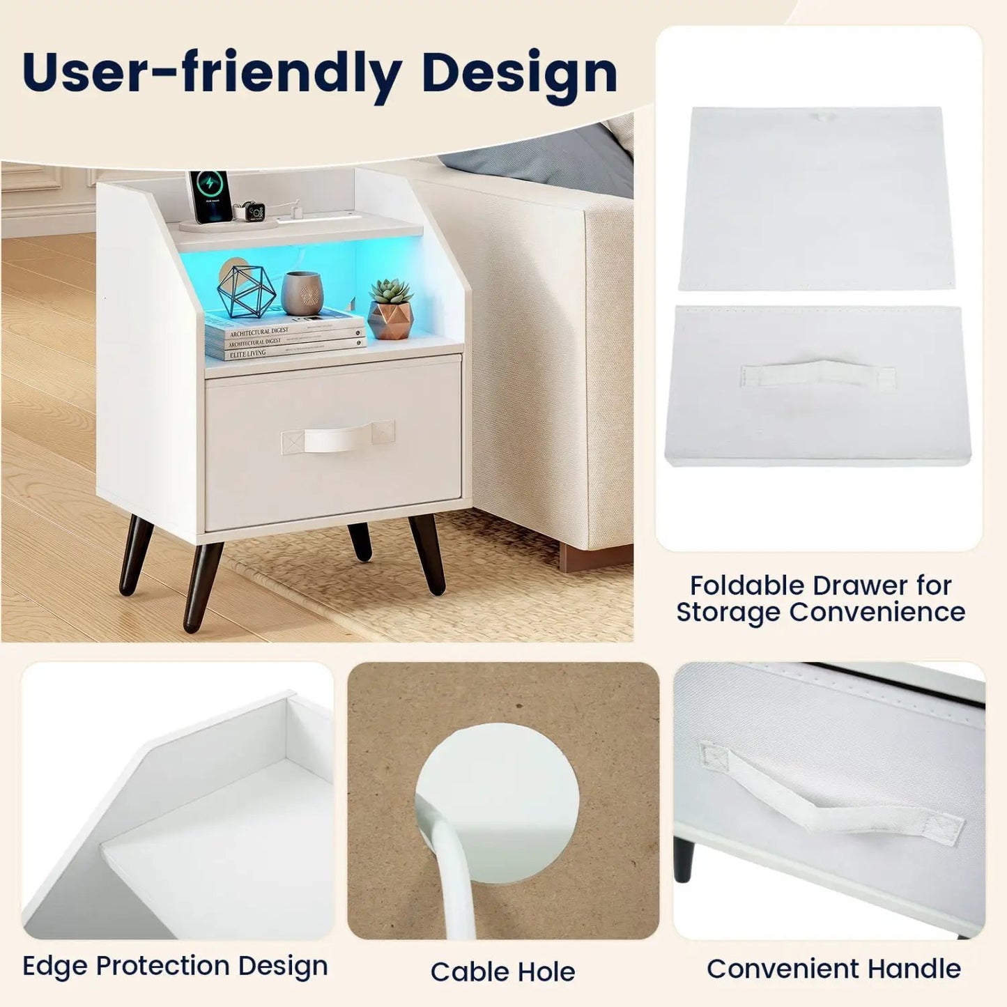 Nightstand With Power Outlets and LED Lighting