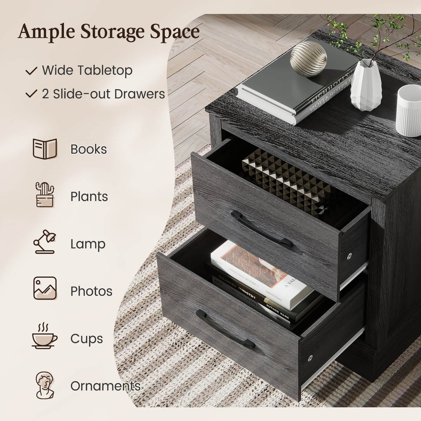 Mesita de noche compacta de madera con cajones de almacenamiento - Gris oscuro