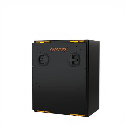 Avatar Niko Van Storage Box in black with orange Avatar logo and yellow latches on Tampa Home & Garden Store