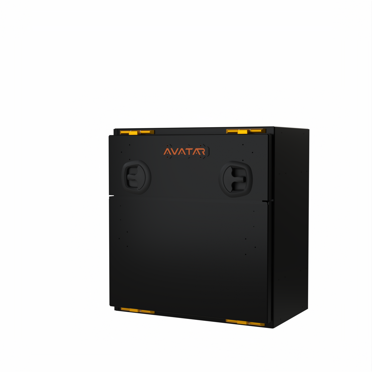 Avatar Niko Van Storage Box, black metal box with orange Avatar logo and top orange latches on Tampa Home & Garden Store