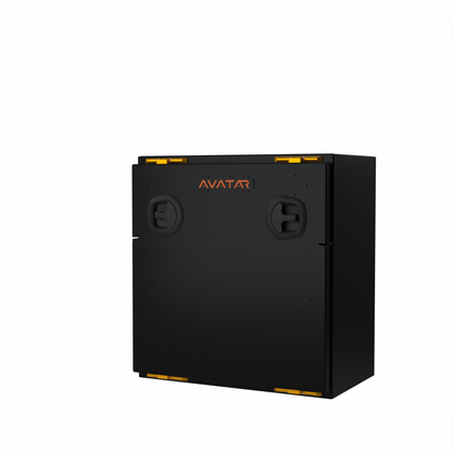 Avatar Niko Van Storage Box, black metal box with orange Avatar logo and top orange latches on Tampa Home & Garden Store