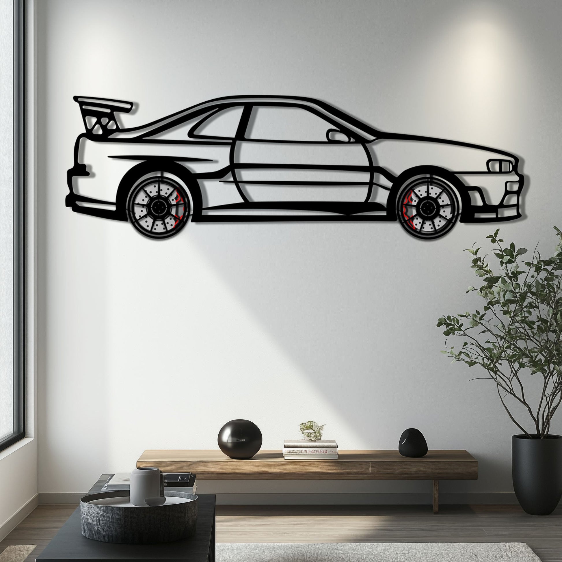 Nissan Skyline GT-R R34 Metal Car Wall Art with Rotating Wheels - "Godzilla" JDM Legend Silhouette - Interactive Automotive Wall Decor - KAFMEKA152 - Tampa Home & Garden Store