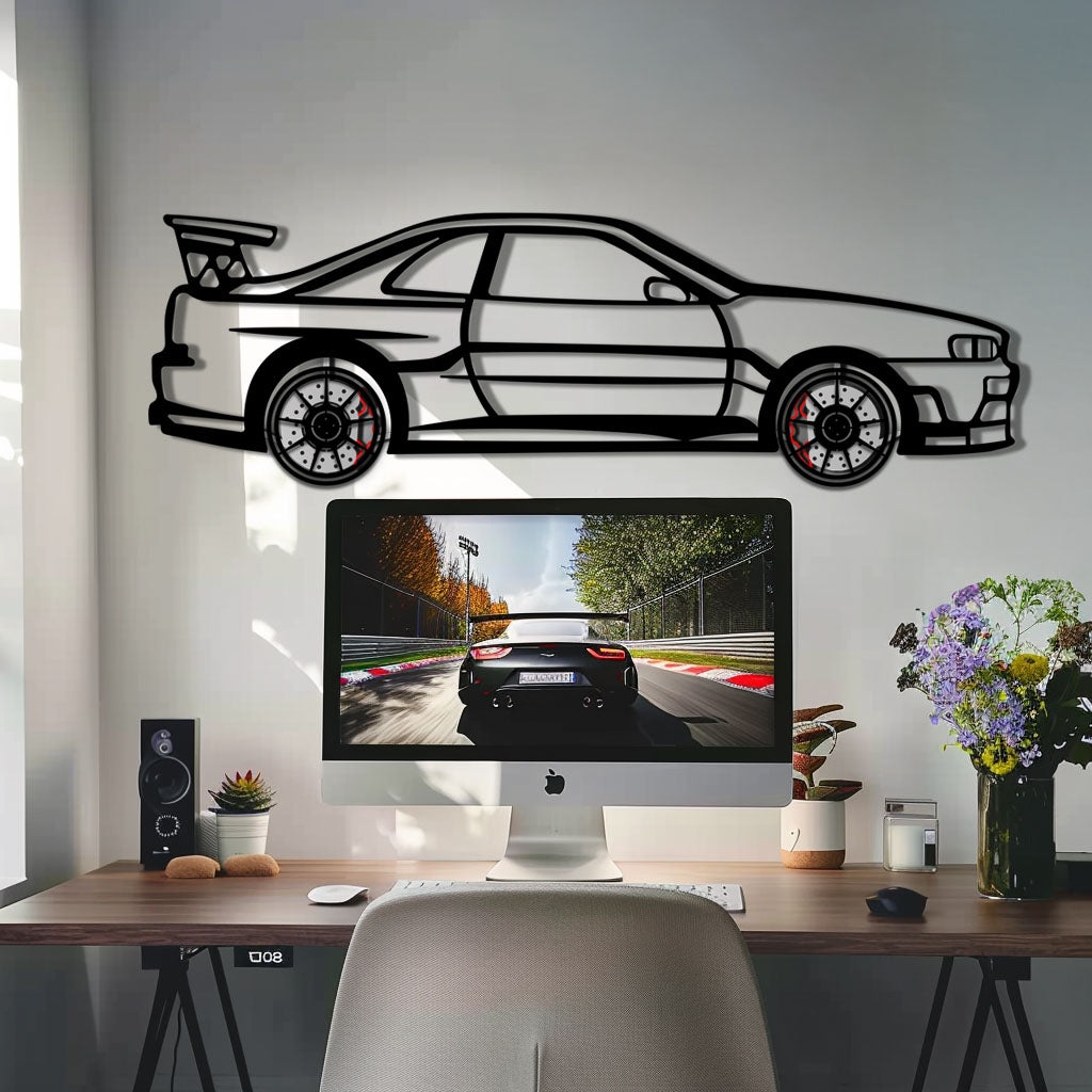 Nissan Skyline GT-R R34 Metal Car Wall Art with Rotating Wheels - "Godzilla" JDM Legend Silhouette - Interactive Automotive Wall Decor - KAFMEKA152 - Tampa Home & Garden Store