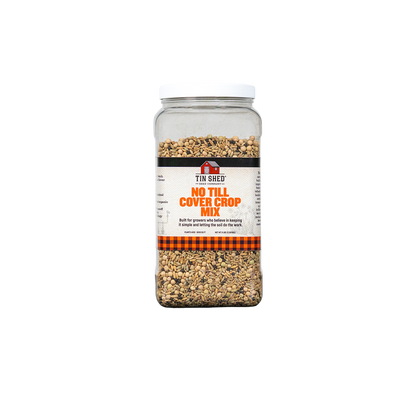No Till Cover Crop Mix seeds in clear glass jar with white lid Tin Shed label orange plaid band on Tampa Home & Garden Store