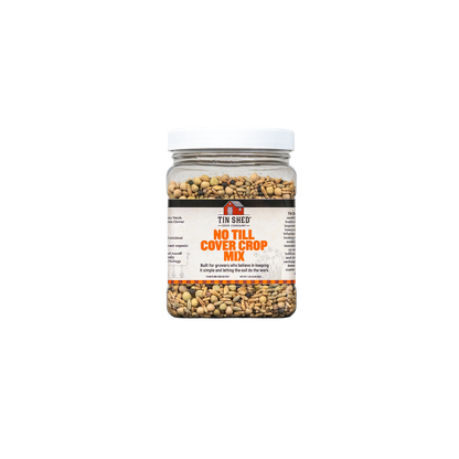 No Till Cover Crop Mix seeds jar by Tin Shed Seed Company with orange label on Tampa Home & Garden Store
