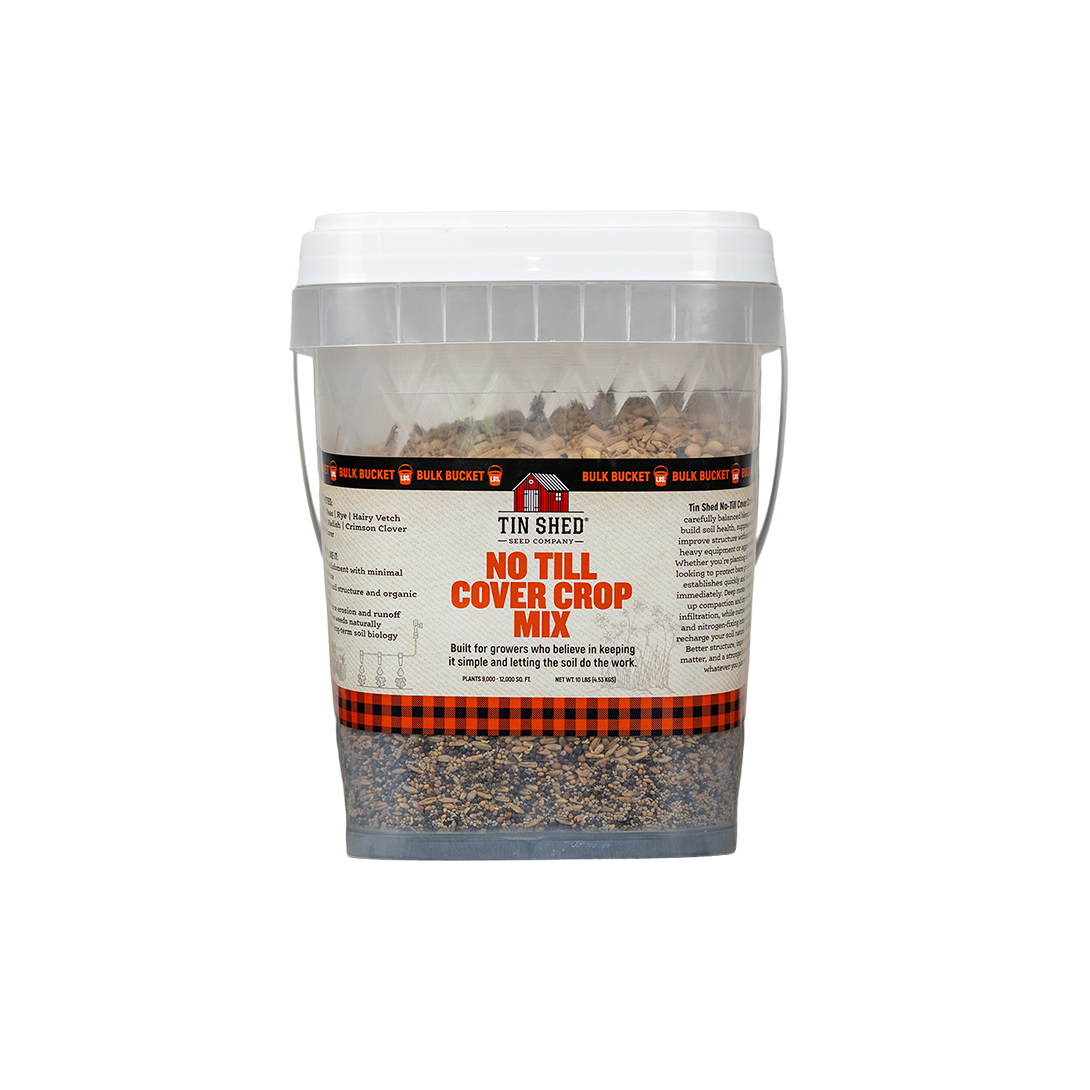 No Till Cover Crop Mix seeds in Tin Shed Seed Company bulk bucket with visible mixed seeds on Tampa Home & Garden Store