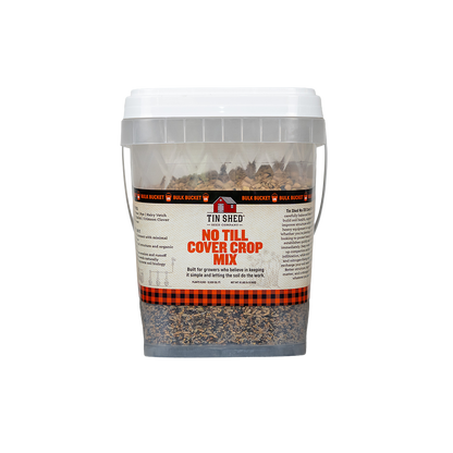 No Till Cover Crop Mix seeds in Tin Shed Seed Company bulk bucket with visible mixed seeds on Tampa Home & Garden Store