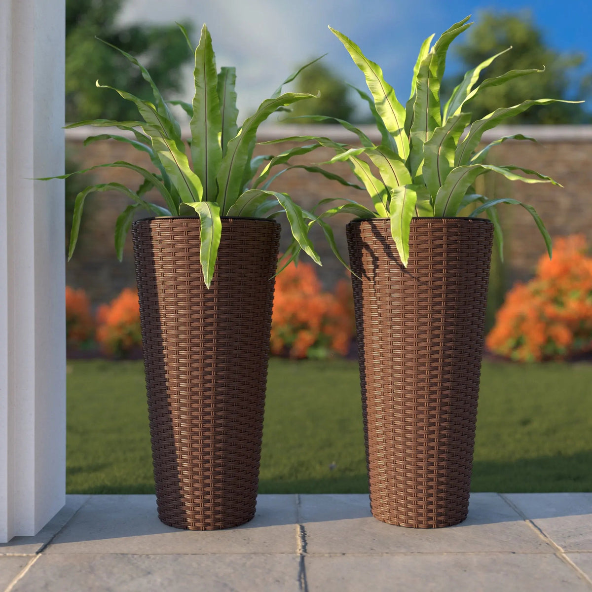 Noah Round Wicker Planter 2-piece Set in Mocha, two brown wicker outdoor planters on Tampa Home & Garden Store
