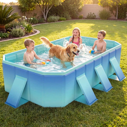 DirectDeals portable above-ground pool with 8 support panels, teal blue, kids and dog playing on Tampa Home & Garden Store