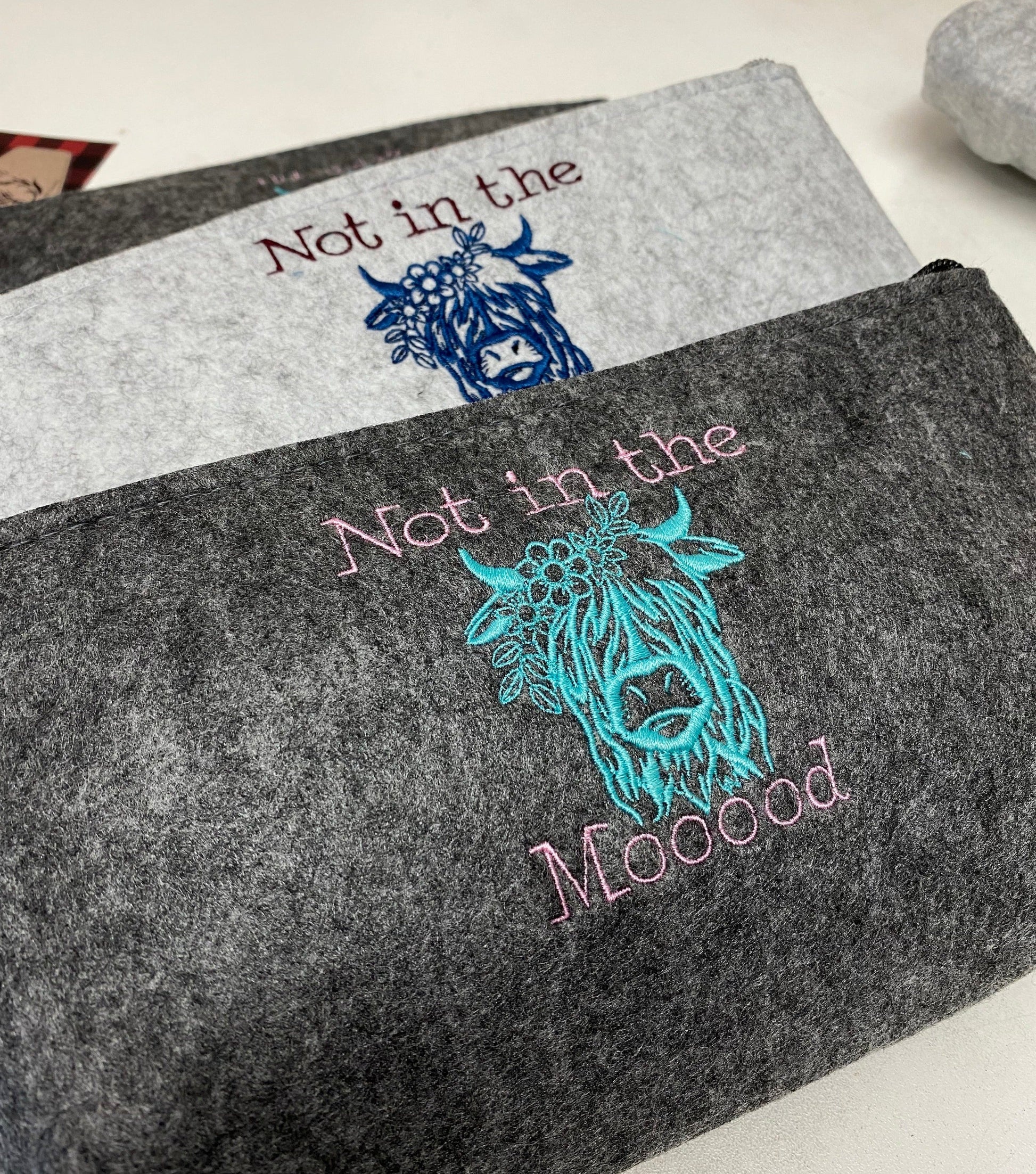 Not in the Mooood Highland Cow Embroidered Felt Zipper Pouch - Tampa Home & Garden Store
