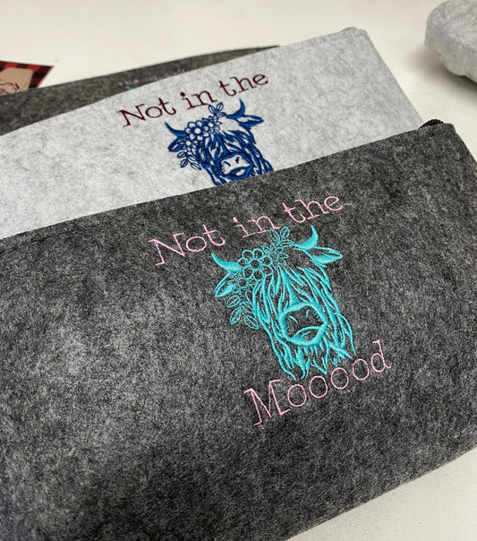 Not in the Mooood Highland Cow Embroidered Felt Zipper Pouch - Tampa Home & Garden Store