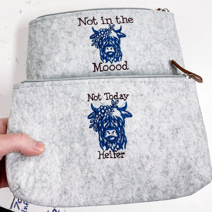 Not in the Mooood Highland Cow Embroidered Felt Zipper Pouch - Tampa Home & Garden Store