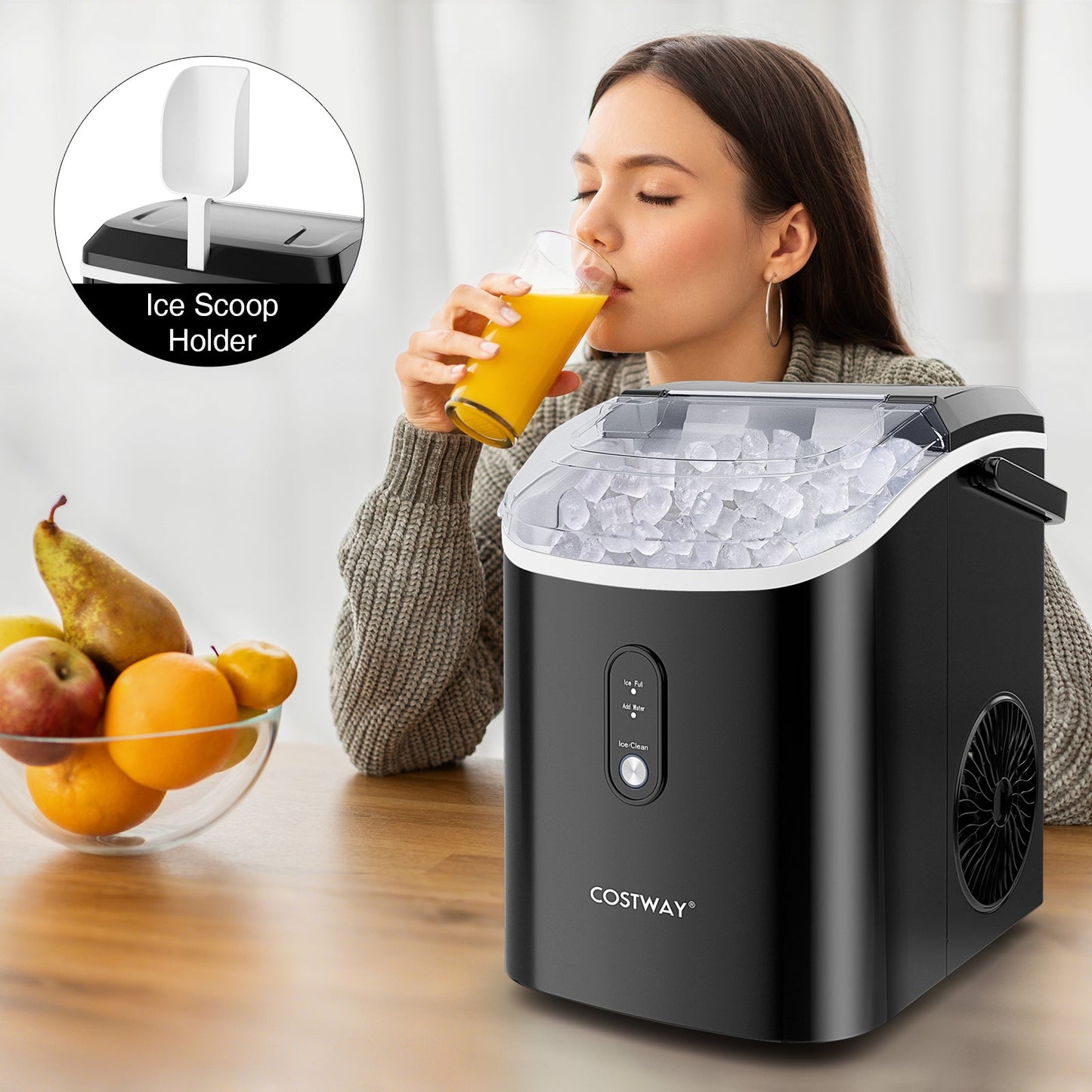 Máquina de hielo de mostrador tipo Nugget con hielo masticable suave tipo pellet - Negra