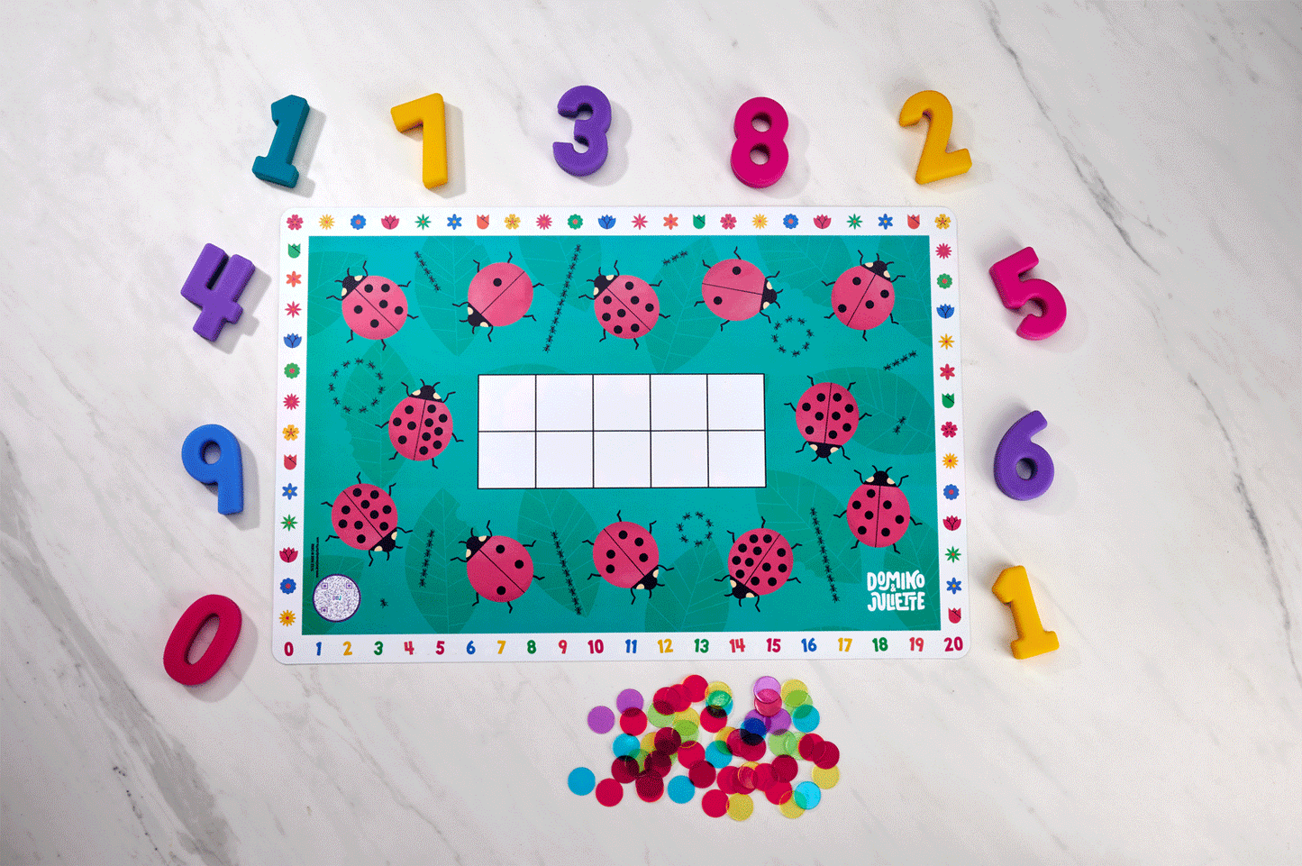 Bag of Counting Chips by Domino & Juliette; teal ladybug board with rainbow numbers and chips on Tampa Home & Garden Store