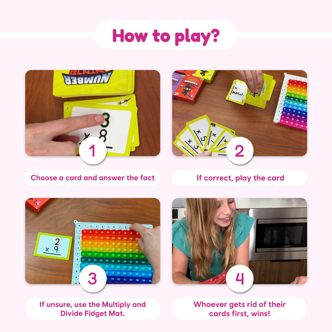 Number Ninja math cards by The Fidget Games, hand points to a yellow card on table on Tampa Home & Garden Store
Number Ninja cards by The Fidget Games, players hold yellow math cards over a table with rainbow beads on Tampa Home & Garden Store
Number Ninja abacus mat by The Fidget Games, rainbow bead counting board with a green multiply/divide card on Tampa Home & Garden Store
Child plays Number Ninja in a kitchen with game box on the counter near a microwave on Tampa Home & Garden Store