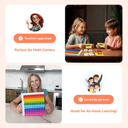 Multiplication and Division Mat by Fidget Games; rainbow beads mat, two kids with math cards on Tampa Home & Garden Store