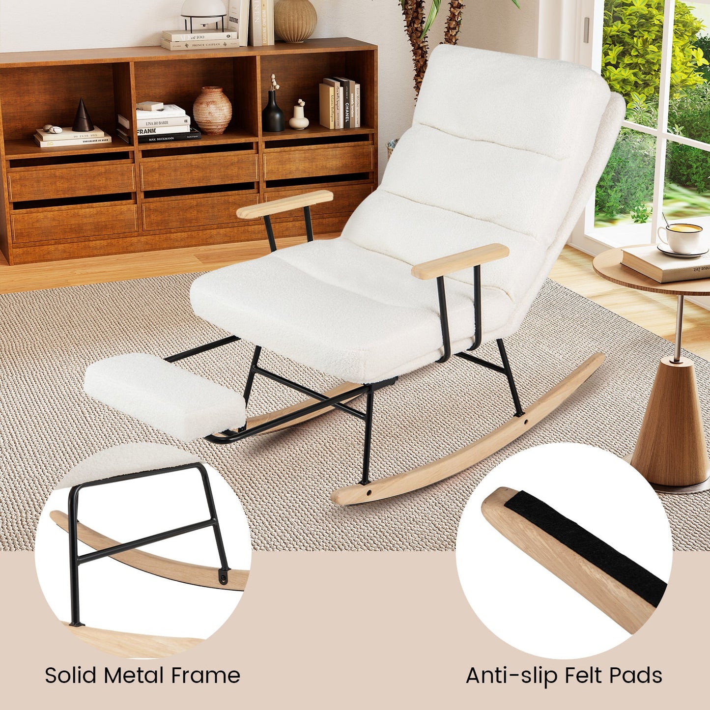 Nursery Rocking Chair Teddy Velvet Upholstered Rocking Chair-White
