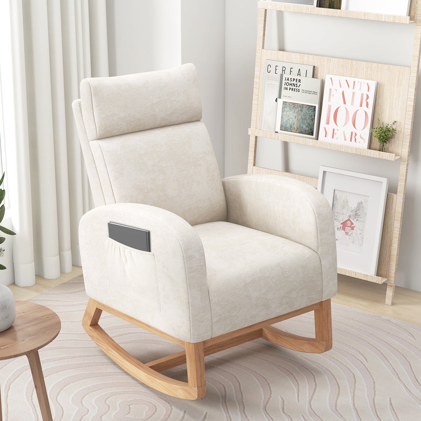 Mecedora de guardería, sillón mecedora tapizado en chenilla con estructura de madera de caucho natural - Beige