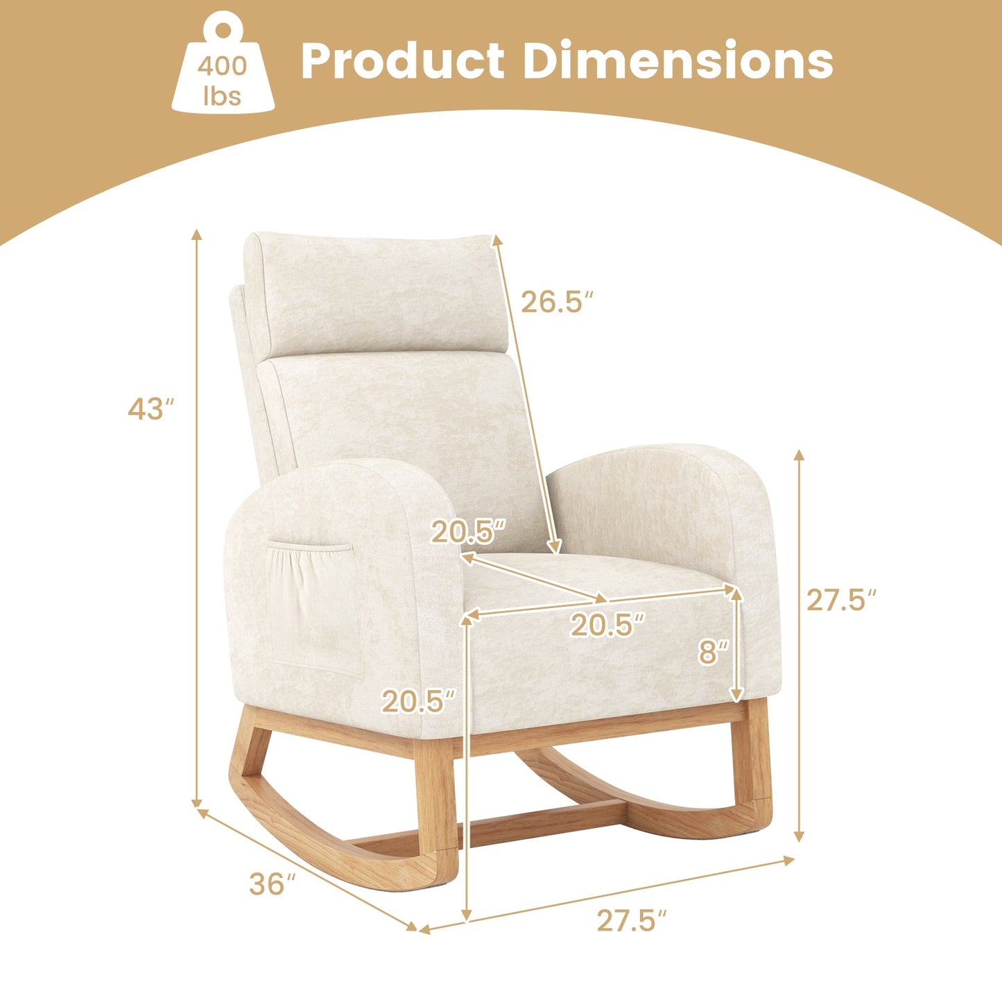 Mecedora de guardería, sillón mecedora tapizado en chenilla con estructura de madera de caucho natural - Beige