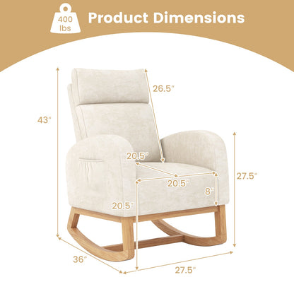 Mecedora de guardería, sillón mecedora tapizado en chenilla con estructura de madera de caucho natural - Beige