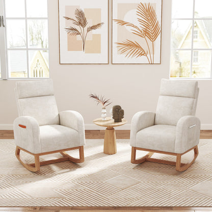 Mecedora de guardería, sillón mecedora tapizado en chenilla con estructura de madera de caucho natural - Beige