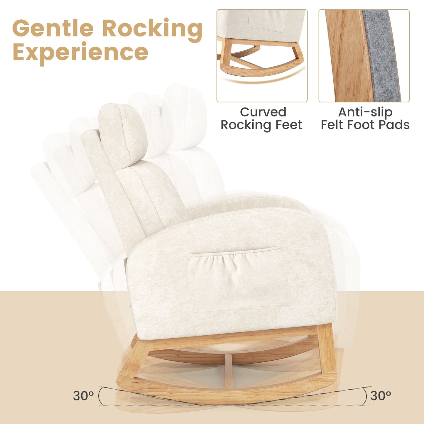 Mecedora de guardería, sillón mecedora tapizado en chenilla con estructura de madera de caucho natural - Beige