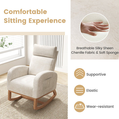 Mecedora de guardería, sillón mecedora tapizado en chenilla con estructura de madera de caucho natural - Beige
