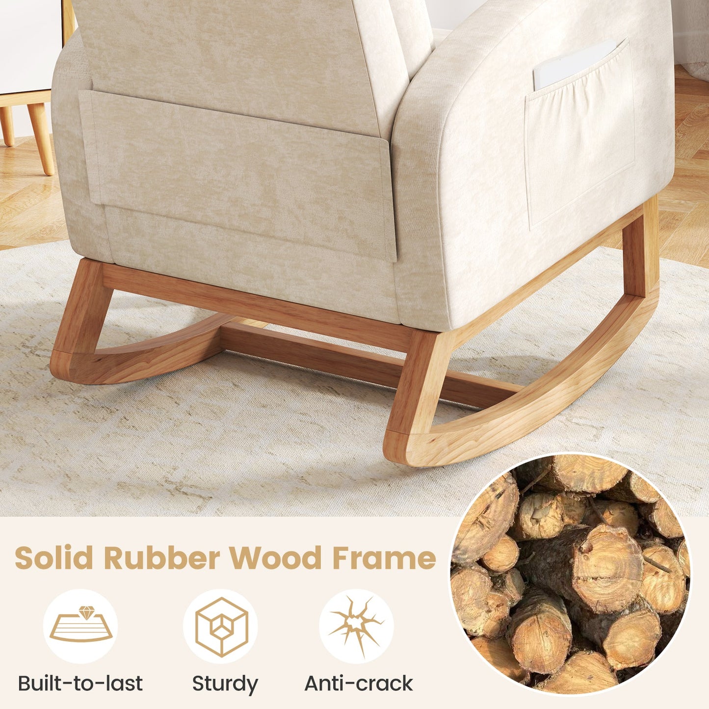 Mecedora de guardería, sillón mecedora tapizado en chenilla con estructura de madera de caucho natural - Beige