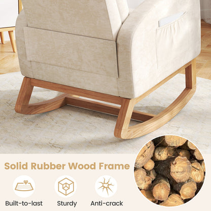 Mecedora de guardería, sillón mecedora tapizado en chenilla con estructura de madera de caucho natural - Beige
