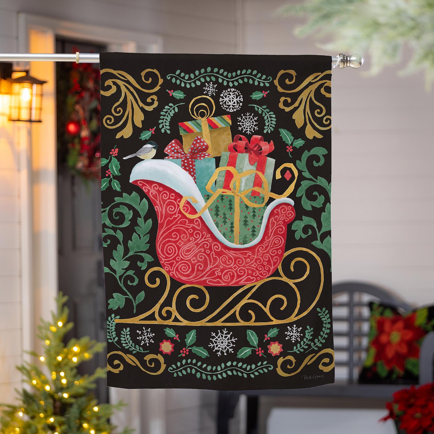 Nutcracker & Sleigh Suede House Flag - Tampa Home & Garden Store