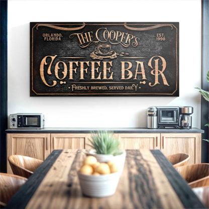 Personalized Coffee Bar Sign V canvas with copper vintage typography and coffee cup motif on Tampa Home & Garden Store