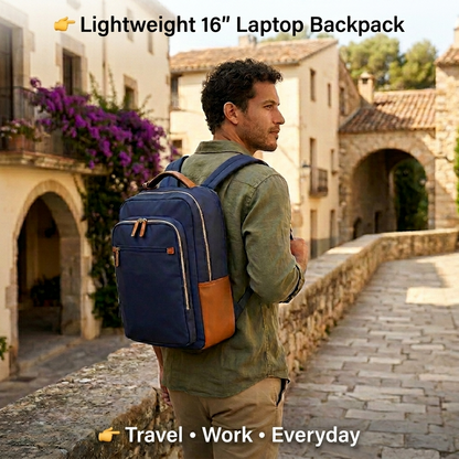 Nylon & Leather Laptop Backpack – Navy with Brown Trim (16")