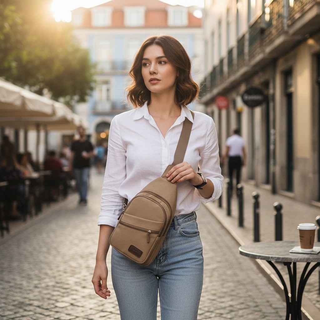 Canvas Sling Bag tan beige crossbody with front zip pocket worn by a woman in a white shirt on Tampa Home & Garden Store