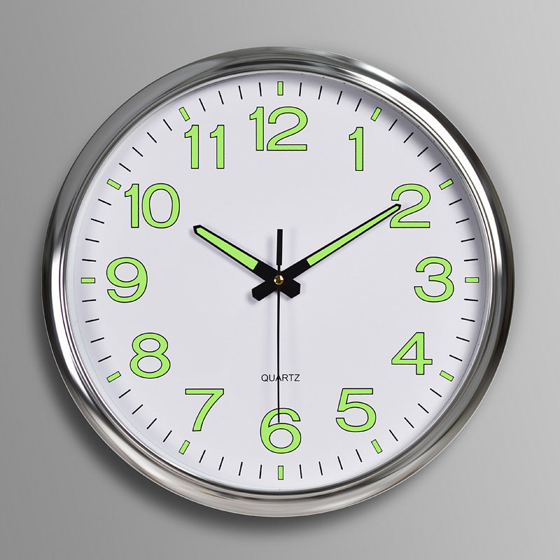 LED Wall Clock 30cm, round chrome finish with luminous green numerals and black hands on Tampa Home & Garden Store
