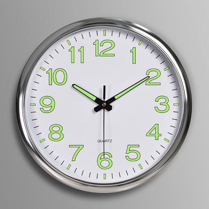 LED Wall Clock 30cm, round chrome finish with luminous green numerals and black hands on Tampa Home & Garden Store