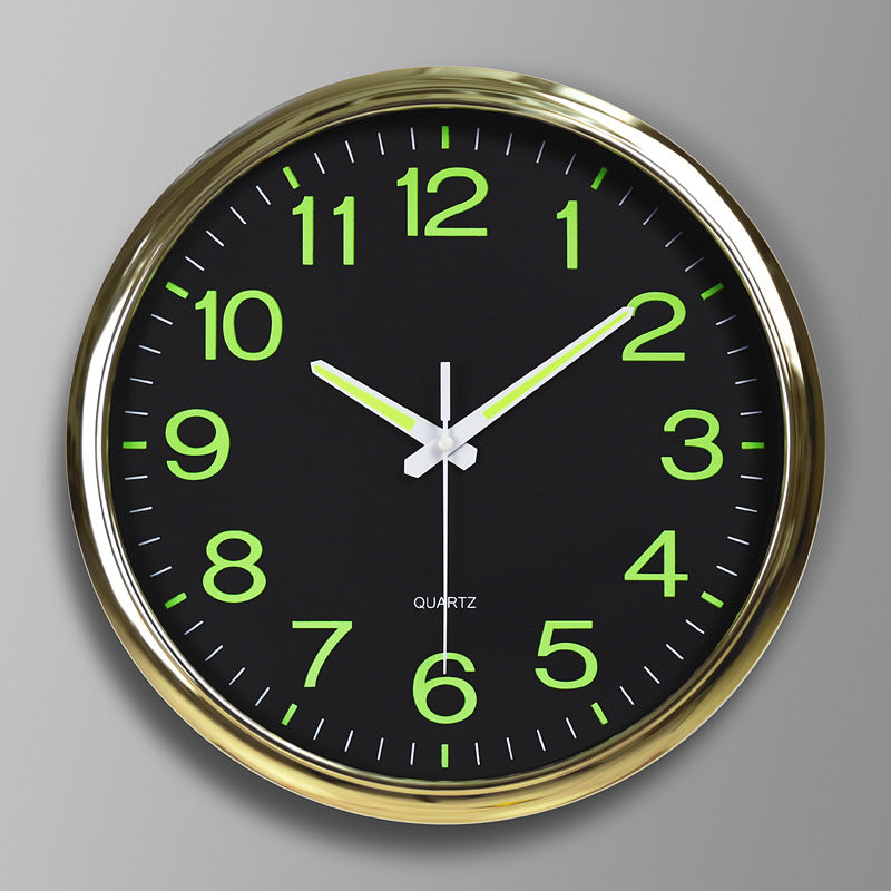 LED wall clock 30cm with black dial, neon-green numerals, white hands, gold bezel on Tampa Home & Garden Store