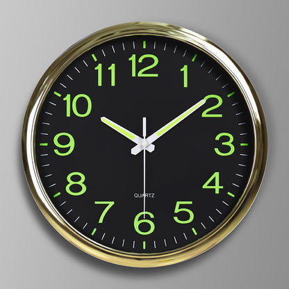 LED wall clock 30cm with black dial, neon-green numerals, white hands, gold bezel on Tampa Home & Garden Store