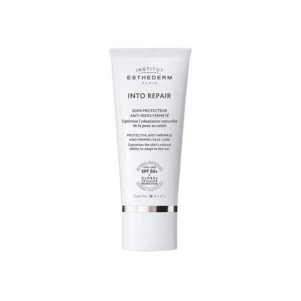 Esthederm sunscreen tube for sensitive skin, SPF 50+, white bottle with silver band on Tampa Home & Garden Store