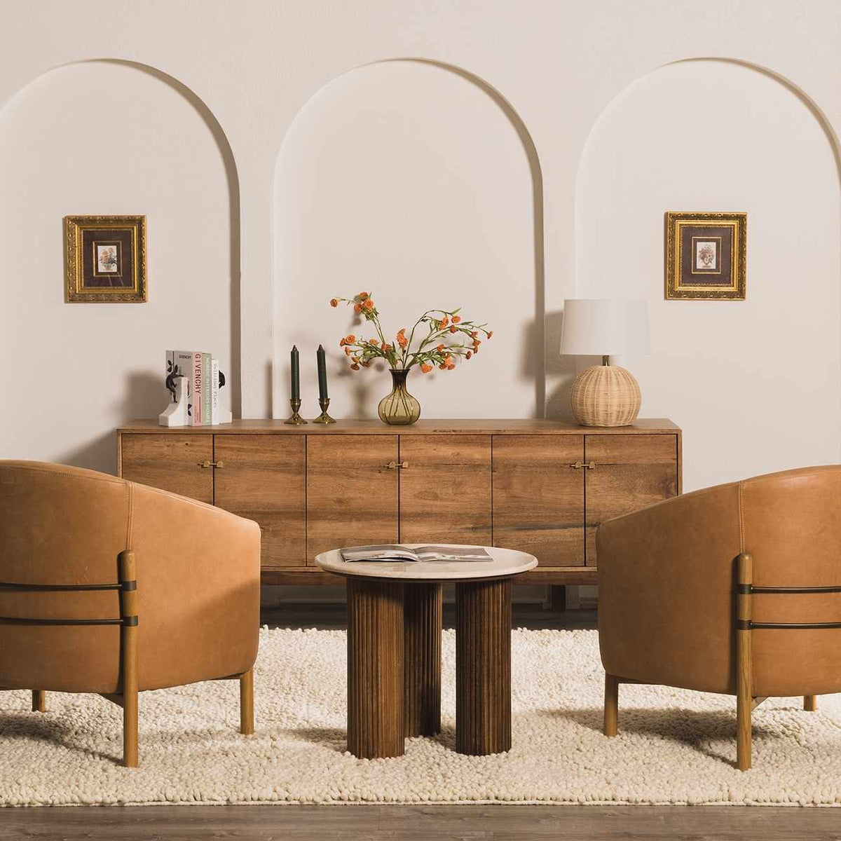 Oakridge Area Rug Clearance by Boutique Rugs; neutral cream shag rug in a living room scene on Tampa Home & Garden Store
