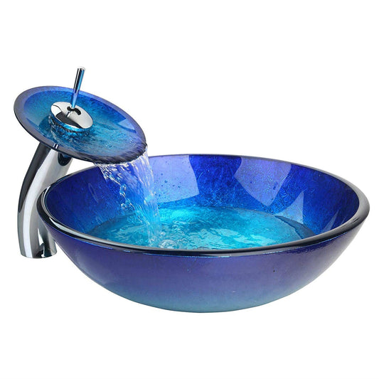 Lavabo de baño moderno de cristal azul y grifo con desagüe cromado