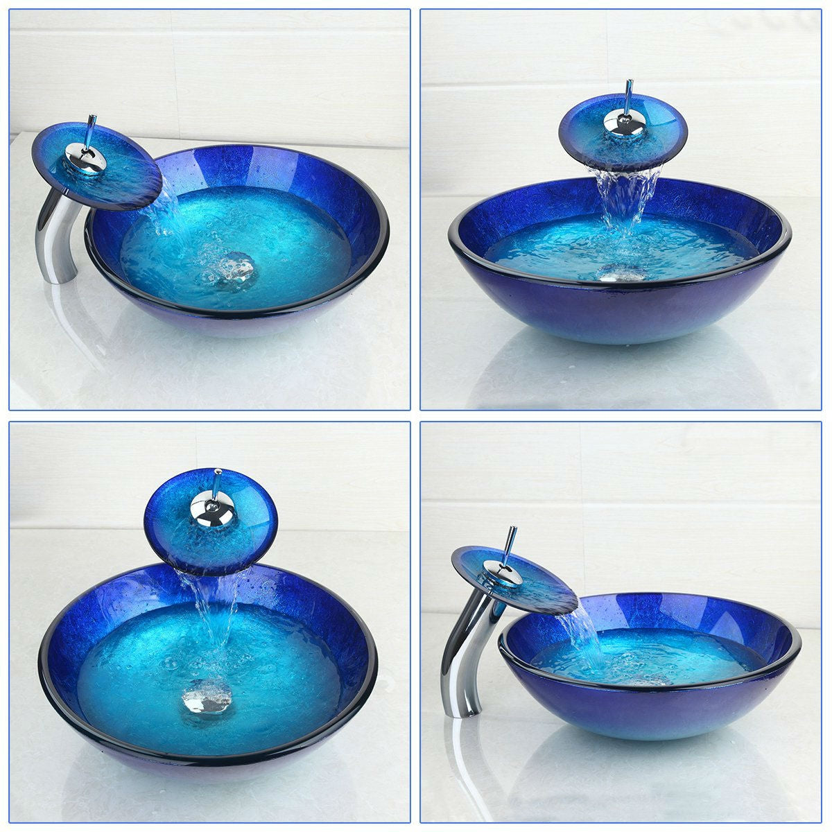 Lavabo de baño moderno de cristal azul y grifo con desagüe cromado