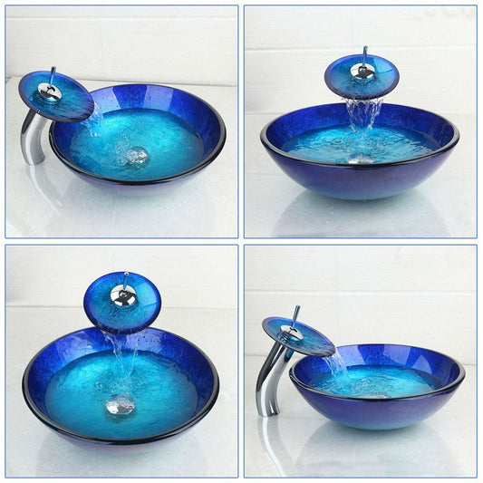 Lavabo de baño moderno de cristal azul y grifo con desagüe cromado