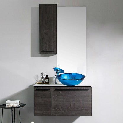 Lavabo de baño moderno de cristal azul y grifo con desagüe cromado