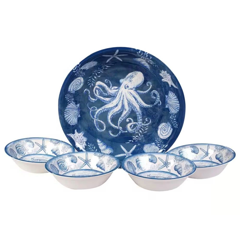 Juego de 5 cuencos de cena de playa con estrellas de mar, conchas y pulpo en azul y blanco
