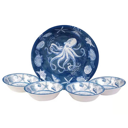 Juego de 5 cuencos de cena de playa con estrellas de mar, conchas y pulpo en azul y blanco