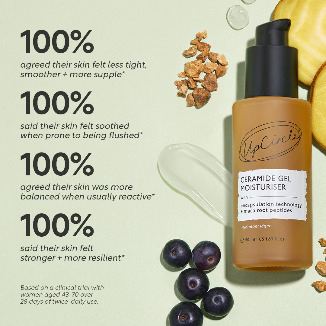 UpCircle Ceramide Gel Moisturiser bottle, amber glass, encap tech + maca root peptides on Tampa Home & Garden Store