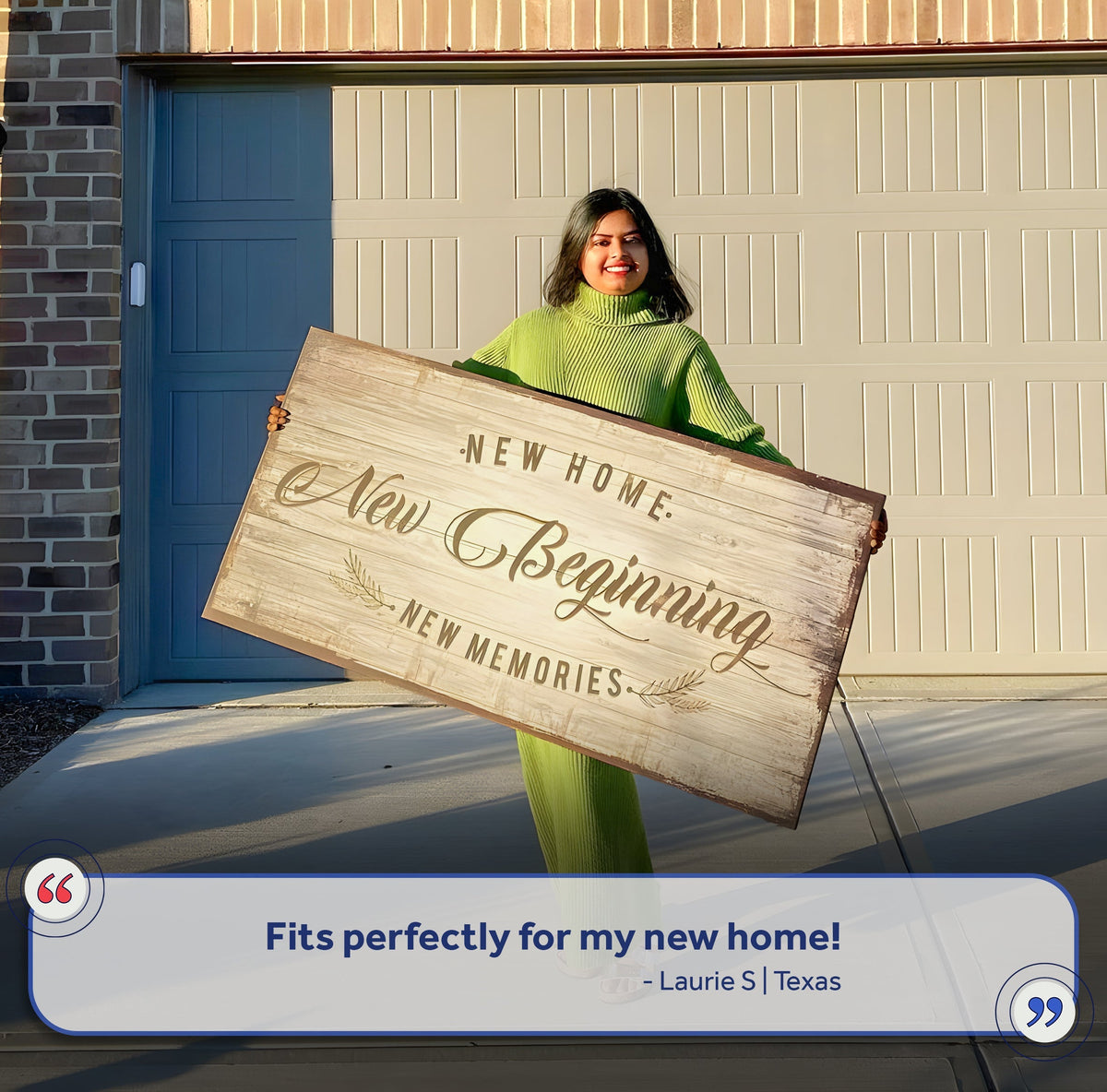 New Home, New Beginning Sign canvas craft held by a woman in a lime green sweater on Tampa Home & Garden Store