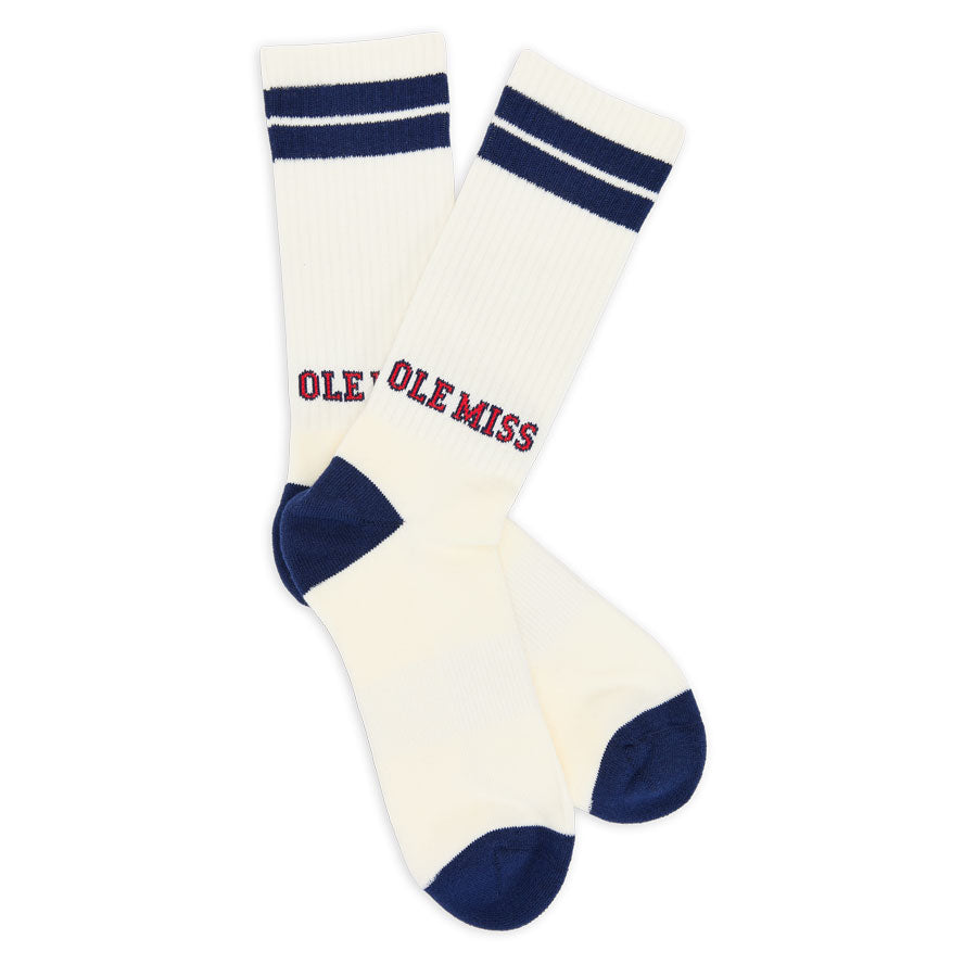 Ole Miss Colonel crew socks white with navy cuff stripes and navy toe two socks on Tampa Home & Garden Store