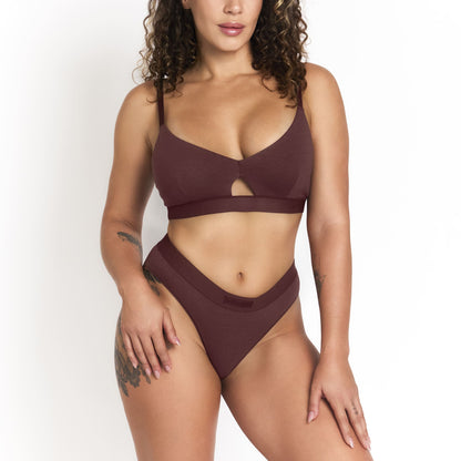 Keyhole hemp bra Net Positive maroon bralette with front cutout and wide underband on Tampa Home & Garden Store