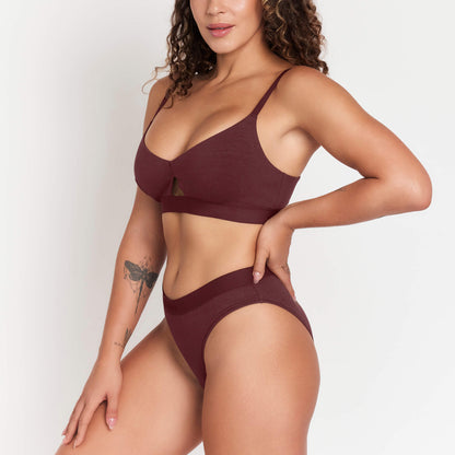Mid-Rise Brief by Net Positive in burgundy hemp fabric worn by model on Tampa Home & Garden Store
